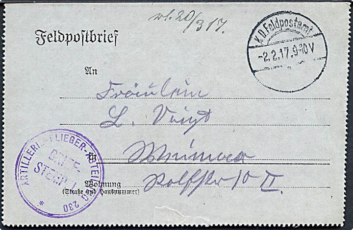 Ufrankeret feltpost korrespondancekort med udslevet stempel K.D. Feldpostamt d. 2.2.1917. Sendt fra Flieger ved Flieger Artillerie Abteilung 230, Deutsche Feldpost 657 med tydeligt briefstempel.