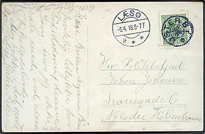5 øre Chr. X på brevkort (Havneparti fra Østerby Havn - fotokort) annulleret med stjernestempel ØSTERBY og sidestemplet Læsø d. 6.4.1918 til København.