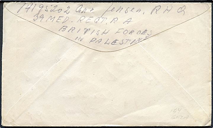 Britisk 1½d George VI på frankeret feltpostbrev annulleret Field Post Office 154 (= Gaza) d. 31.1.1947 til Aarhus, Danmark Sendt fra dansk frivillig soldat, 14195202 Gnr. Jensen, i R.H.Q. 39 Med. Regt. R.A., British Forces in Palestine.