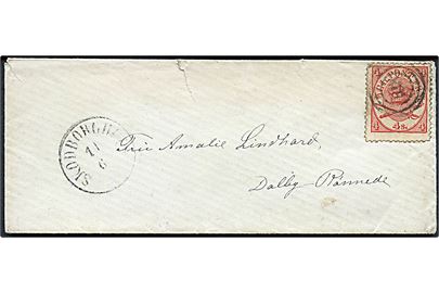 4 sk. Krone/Scepter på brev annulleret med nr.stempel 108 og sidestemplet antiqua Skodborghuus d. 11.6.18xx til Dalby pr. Rønnede. Postkontoret i Skodborghuus blev nedlagt i 1874. Taperest på bagsiden.