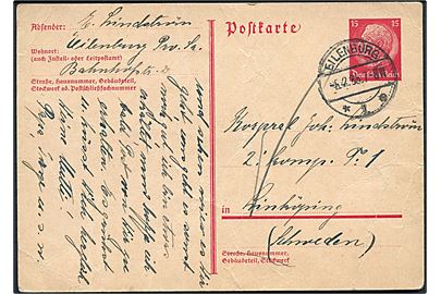 15 pfg. Hindenburg helsagsbrevkort fra Eilenburg d. 5.2.1935 til soldat ved 2. Komp. T.1 i Linköping, Sverige. Folder.