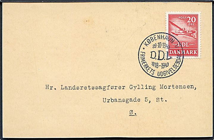 Fortrykt adviskort fra Postvæsenets Salgskontor vedr. 20 øre DDL udg. frankeret med 20 øre DDL og anvendt som FDC-kort lokalt i København d. 29.10.1943.