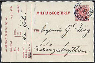 10 öre Militär-kortbrev stemplet Stockholm d. 2.3.1915 fra panserskibet H. M. Göta til Långshyttan.
