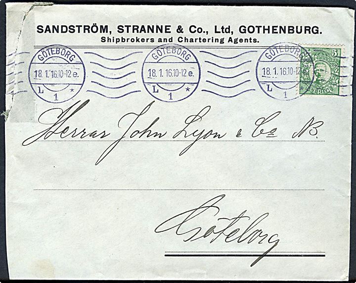 5 öre Gustaf med perfin S.S.& Co. på firmakuvert fra Sandström, Stranne & Co. sendt lokalt i Göteborg d. 18.1.1916.