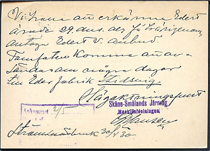 10 öre Gustaf helsagsbrevkort fra Skåne-Smålands Järnväg i Strömsnäsbruk annulleret med bureaustempel PLK 173A (= Strömsnäsbruk-Åstorp) d. 1.5.1930 til Hälsingborg.