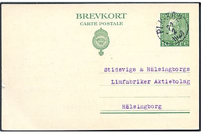 10 öre Gustaf helsagsbrevkort fra Lilla Edet annulleret med bureaustempel PLK 382 (= Lilla Edet-Alvhem) d. 22.2.1923 til Hälsingborg.