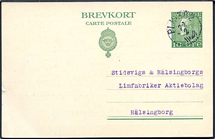 10 öre Gustaf helsagsbrevkort fra Lilla Edet annulleret med bureaustempel PLK 382 (= Lilla Edet-Alvhem) d. 22.2.1923 til Hälsingborg.
