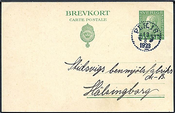 10 öre Gustaf helsagsbrevkort fra Bolat annulleret med bureaustempel PLK 181 (= Älmhult-Kristianstad) d. 13.8.1923 til Hälsingborg.