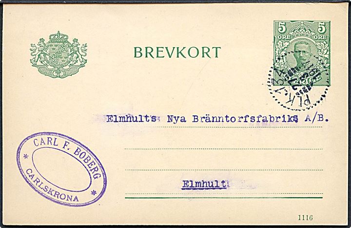 5 öre Gustaf helsagsbrevkort fra Carlskrona annulleret med bureaustempel PLK 134 (= Alvesta-Karlskrona) d. 27.3.1917 til Elmhult.
