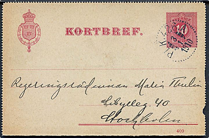 10 öre helsagskorrespondancekort annulleret med bureaustempel PLK 426.A (= Rättvik-Gävle) d. 3.1.1910 til Stockholm.