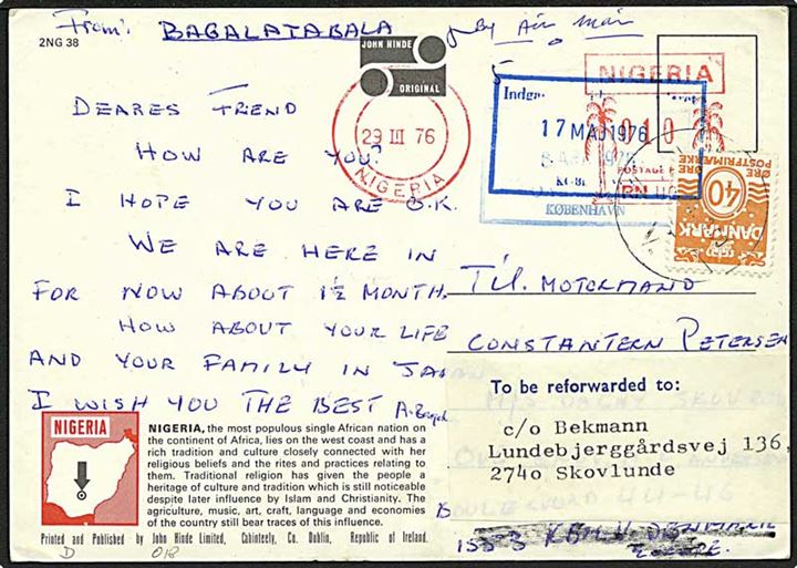 10 c franko frankeret brevkort fra Lagos, Nigeria d. 29.3.1976 til sømand ombord på M/S Dagny Skov via rederi i København. Opfrankeret med 40 øre Bølgelinie med perfin O.S. (Ove Schou) stemplet København V. og eftersendt til Skovlunde.