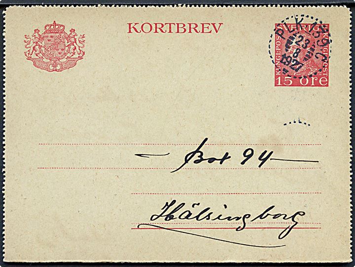 15 öre Gustaf helsagskorrespondancekort annulleret med bureaustempel PLK 139.C (= Nässjö-Malmö) d. 23.8.1927 til Hälsingborg.