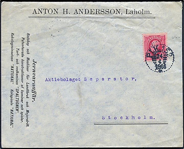 10 öre Oscar II på brev fra Laholm annulleret med bureaustempel PLK 152 (= Halmstad-Ängelholm-Malmö) d. 24.4.1908 til Stockholm.