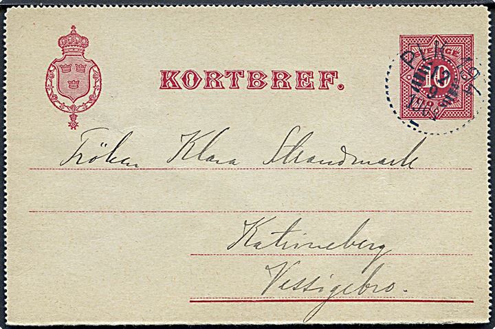 10 öre helsagskorrespondancekort fra Lund annulleret med bureaustempel PLK 194 (= Landskrona-Kävlinge-Lund) d. 12.9.1904 til Vessingebro.