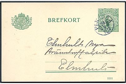 5 öre Gustaf helsagsbrevkort annulleret med bureaustempel PLK 185A (= Alvesta-Karlskrona) d. 28.9.1912 til Elmhult.