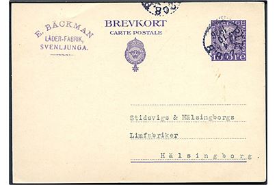 10 öre Gustaf helsagsbrevkort fra Svenljunga annulleret med bureaustempel PLK 208.B (= Herrljunga-Varberg) d. 4.10.1926 til Hälsingborg.