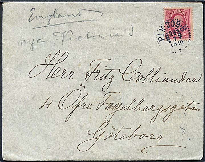 10 öre Oscar II på brev annulleret med bureaustempel PLK 209.B (= Göteborg-(Borås)-Limmared) d. 28.7.1910 til Göteborg.