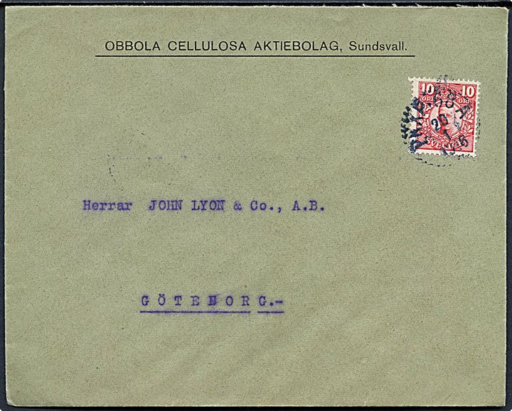 10 öre Gustaf på brev fra Sundsvall annulleret med bureaustempel PKXP 68 A (= Ånge-Sundsvall) d. 20.1.1916 til Göteborg.
