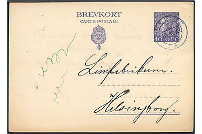 10 øre Gustaf helsagsbrevkort fra Uddevalla annulleret med bureaustempel PKP 216C (=  Uddevalla-Herrljunga) d. 18.6.1930 til Helsingborg.