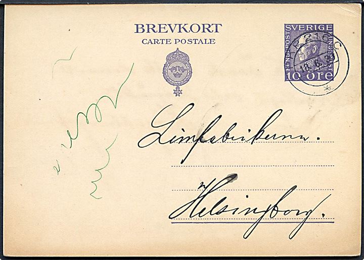 10 øre Gustaf helsagsbrevkort fra Uddevalla annulleret med bureaustempel PKP 216C (=  Uddevalla-Herrljunga) d. 18.6.1930 til Helsingborg.