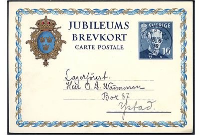 10 öre Gustaf Jubilæums helsagsbrevkort fra Ystad annulleret med bureaustempel PKP 123 (=  Malmö-Ystad) d. 16.6.1938 til Ystad.