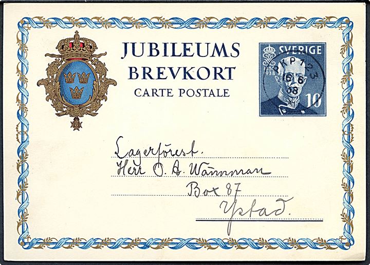 10 öre Gustaf Jubilæums helsagsbrevkort fra Ystad annulleret med bureaustempel PKP 123 (=  Malmö-Ystad) d. 16.6.1938 til Ystad.