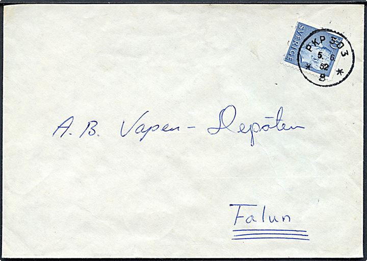 30 öre Gustaf på brev fra Falun annulleret med bureaustempel PKP 303 *B* (= Storlien-Östersund) d. 5.6.1952 til Falun.