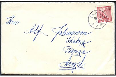 20 öre Gustaf på brev annulleret med bureaustempel PKP 140 *A* (=  Alvesta-Malmö) d. 19.1.1951 til Åryd.