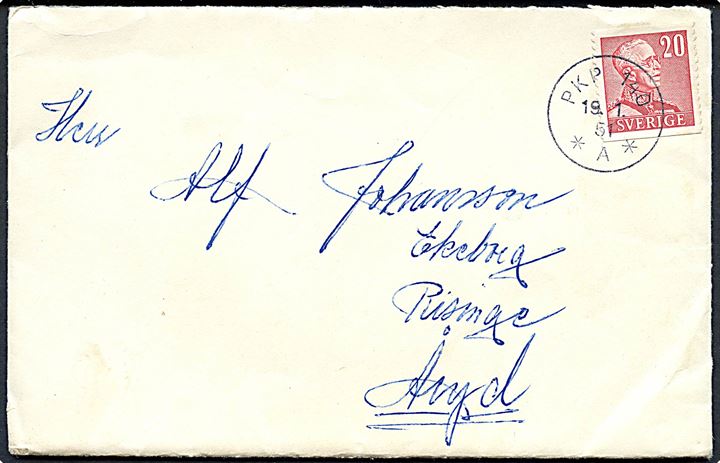 20 öre Gustaf på brev annulleret med bureaustempel PKP 140 *A* (=  Alvesta-Malmö) d. 19.1.1951 til Åryd.