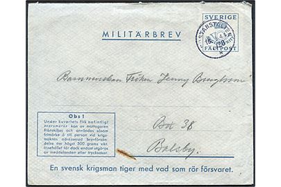 Militärbrev annulleret Postanstalten 1028* (= Klippan) d. 15.9.1944 til Balby. Sendt fra soldat ved Fältpost nr 21130. Uden svarmærke.