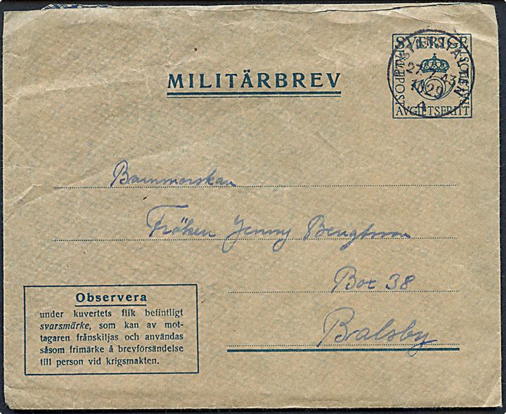Militärbrev stemplet Postanstalten 1029A (= Arkelstorp) d. 27.7.1943 til Balsby. Fuldt indhold fra soldat ved fältpost nr. 40235A. Svarmærke mgl.