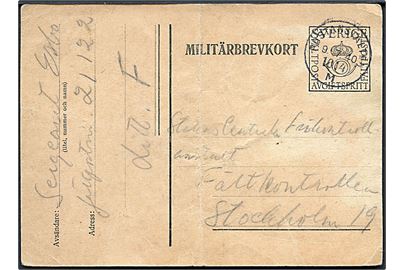 Militärbrevkort stemplet Postanstalten 1014M (=Råå) d. 9.7.1940 til Stockholm. Fra soldat ved fältpost 21122 litt. F. Nusset med fold.