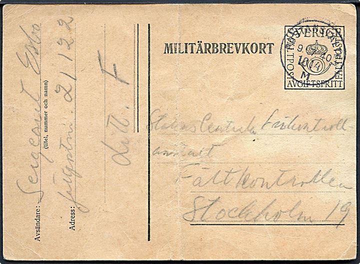 Militärbrevkort stemplet Postanstalten 1014M (=Råå) d. 9.7.1940 til Stockholm. Fra soldat ved fältpost 21122 litt. F. Nusset med fold.
