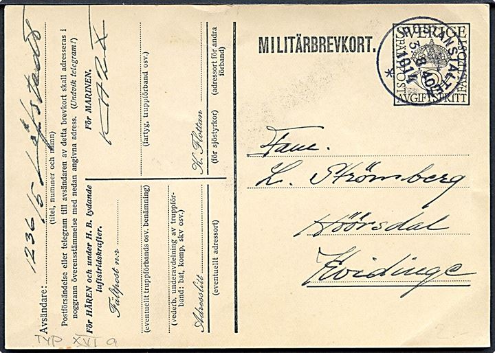 Militärbrevkort stemplet Postanstalten 1014* (= Hälsingborg 1) d. 3.8.1940 til Kvidinge. Fra marinesoldat soldat ved KA2X.