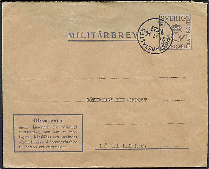 Militärbrev stemplet Postanstalten 1721* (= Porjus) d. 21.11.1940 til Göteborg. Vedhængende svarmærke, men bagklap mgl.