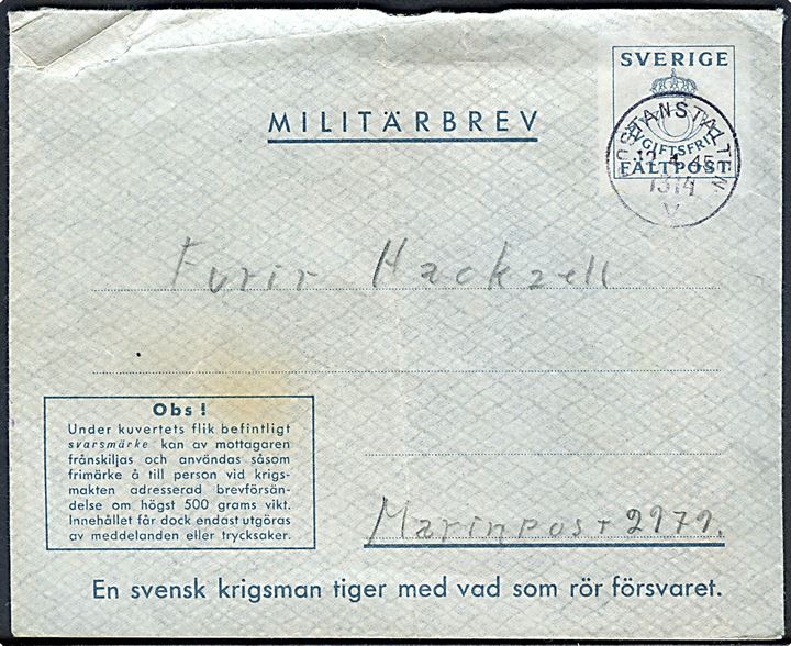 Militärbrev stemplet Postanstalten 1314V (=  Åkersberga) d. 12.4.1945 til Marinepost 2979 (= Visby, Gotland). Vedhængende svarmærke, men del af bagklap bortklippet. Sjældent Postanstalt stempel som kun kendes med en stempel dato d. 23.4.1945.