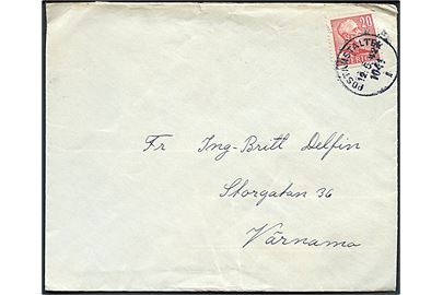 20 öre Gustaf på brev annulleret Postanstalten 1041I (= Holmeja) d. 12.5.1942 fra soldat ved fältpost 31821B til Värnamo.