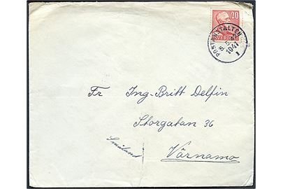 20 öre Gustaf på brev annulleret Postanstalten 1041I (= Holmeja) d. 5.5.1942 fra soldat ved fältpost 31821B til Värnamo.