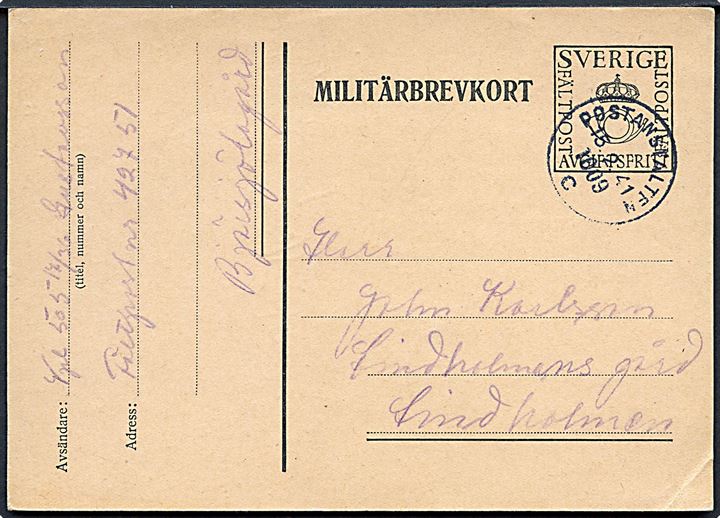Militärbrevkort stemplet Postanstalten 1009C (= Bjärsjölagård) d. 15.2.1941 til Lindholmen. Fra soldat ved fältpost nr. 42751.