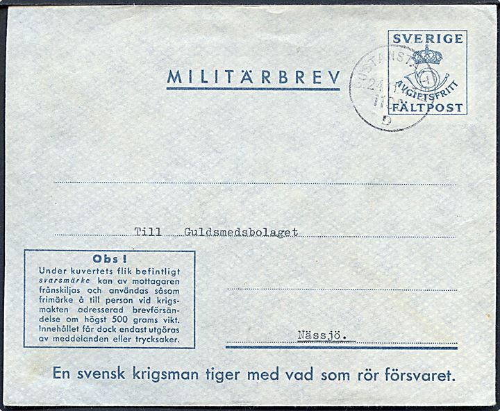 Militärbrev stemplet Postanstalten 1190D (= Holmedal) d. 24.11.1943 til Nässjö. Fra soldat ved fältpost 62722. Bortklippet svarmærke.