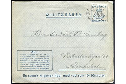 Militärbrev stemplet Fältpost Nr. 22 d. 25.8.1944 til Stockholm. Fra soldat ved fältpost 31107. Vedhængende svarmærke.