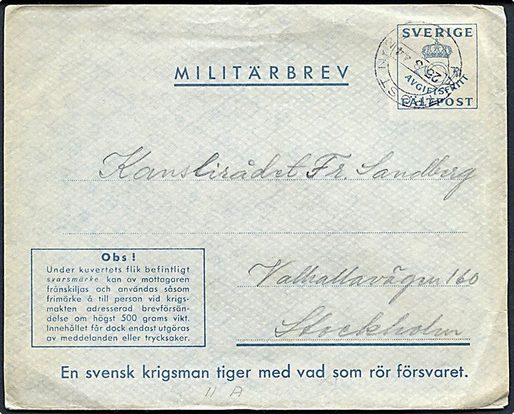 Militärbrev stemplet Fältpost Nr. 22 d. 25.8.1944 til Stockholm. Fra soldat ved fältpost 31107. Vedhængende svarmærke.