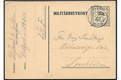 Militärbrevkort stemplet Fältpost 142 d. 20.6.1940 til Stockholm. Fra soldat ved fältpost 24210 Litt. F..