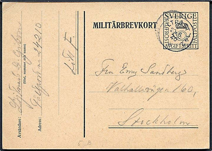 Militärbrevkort stemplet Fältpost 142 d. 20.6.1940 til Stockholm. Fra soldat ved fältpost 24210 Litt. F..