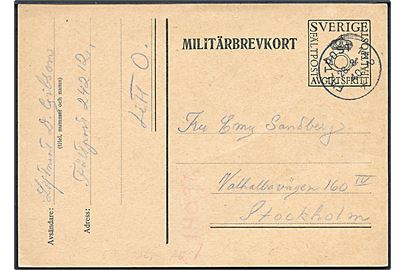 Militärbrevkort stemplet Fältpost 142 d. 28.8.1940 til Stockholm. Fra soldat ved fältpost 24212 Litt. O.