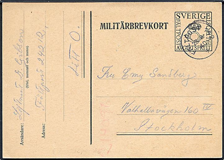Militärbrevkort stemplet Fältpost 142 d. 28.8.1940 til Stockholm. Fra soldat ved fältpost 24212 Litt. O.
