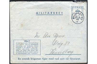 Militärbrev stemplet Fältpost 20 d. 24.2.1942 til Vänersborg. Fra soldat ved fältpost 42725 med indhold og bortklippet svarmærke.