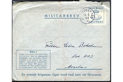 Militärbrev stemplet Fältpost 120 d. 14.6.1944 til Avesta. Fra soldat ved fältpost 97300A med fuldt indhold og bortklippet svarmærke.