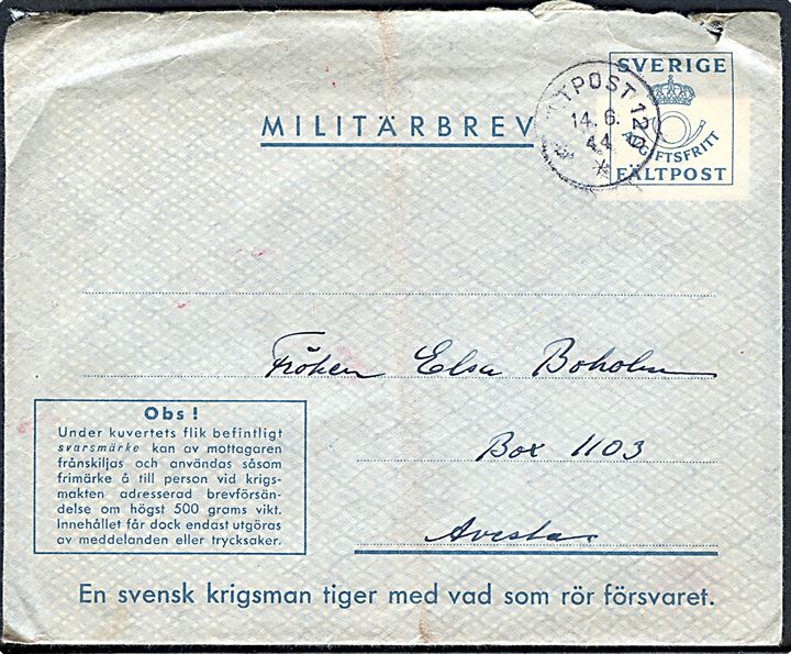 Militärbrev stemplet Fältpost 120 d. 14.6.1944 til Avesta. Fra soldat ved fältpost 97300A med fuldt indhold og bortklippet svarmærke.