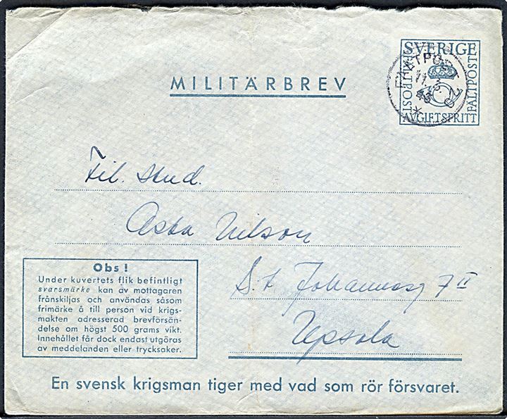 Militärbrev stemplet Fältpost 120 d. 11.3.1943 til Upsala. Fra soldat ved fältpost 42719 med  bortklippet svarmærke.